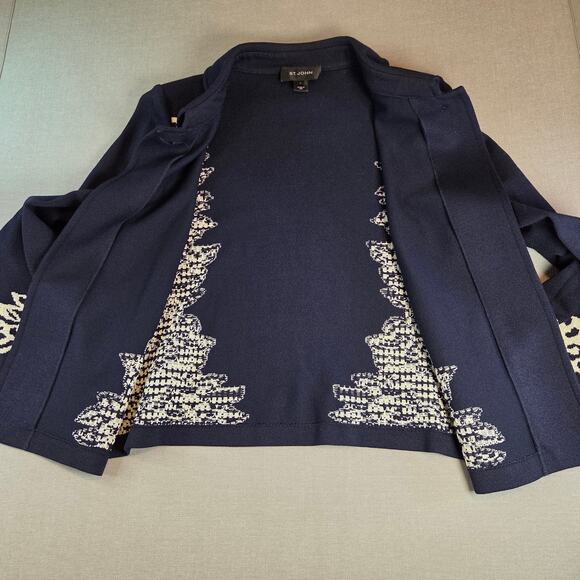 St. John Collection Sweater Blazer Women’s 10 Navy White Knit Jacket USA Made - Picture 3 of 13